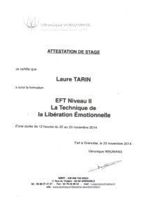 attestation de stage de Laure Tarin en EFT niveau 2