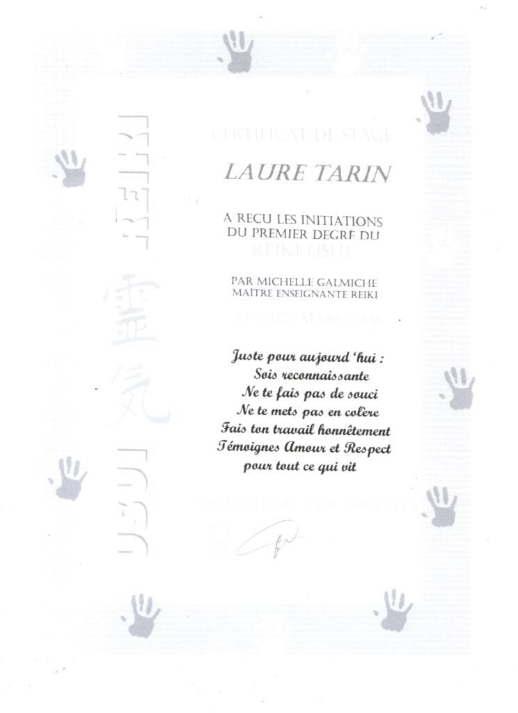 certification de Laure Tarin en Reiki Usuï 1er degré