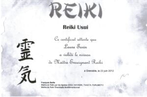 certificat de Laure Tarin en tant que maître enseignant Reiki Usuï