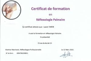 certification de Laure Tarin comme praticienne en réflexologie palmaire
