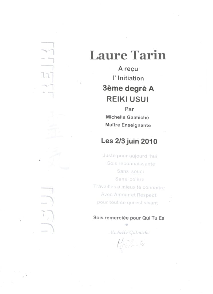 certification de Laure Tarin en reiki Usuï 3éme degré