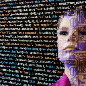 visage de femme derrière un mur de code internet